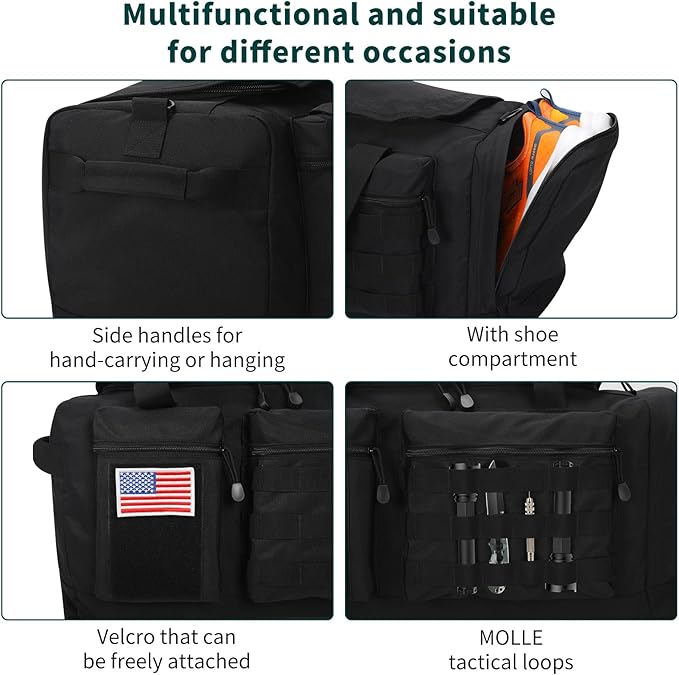 40L Tactical Duffle Bag Mens Gym Bag- 22 inch Military Duffle Bag with Shoes Compartment, Outdoor Equipment Gear for Weekend Overnight Travel - Black