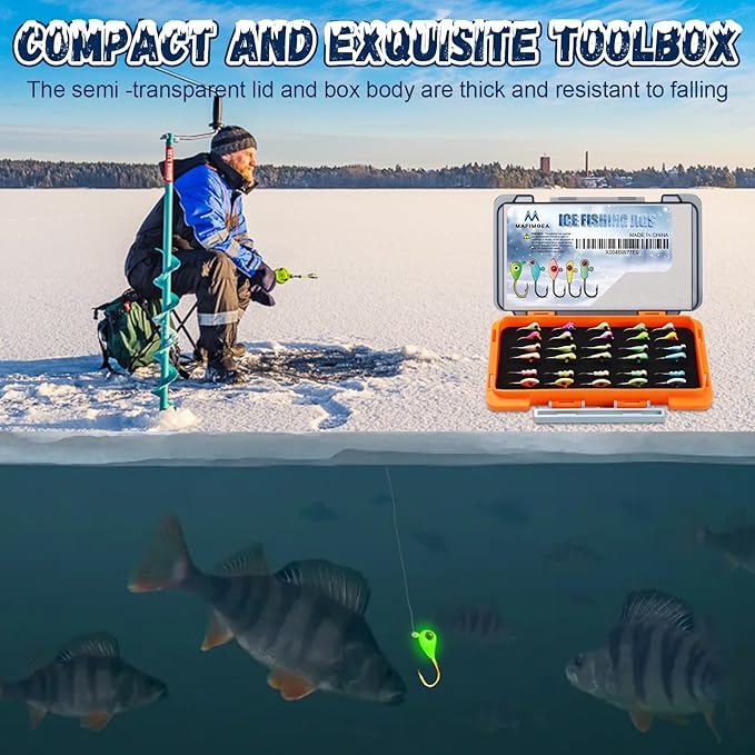 Ice Fishing Jigs Kit with Hard Box, 5 Styles Glow Jig Heads for Crappie, Walleye, Perch, Panfish. 30Pcs Premium Set with 3D Eyes - Portable Ice Fishing Gift & Tackle