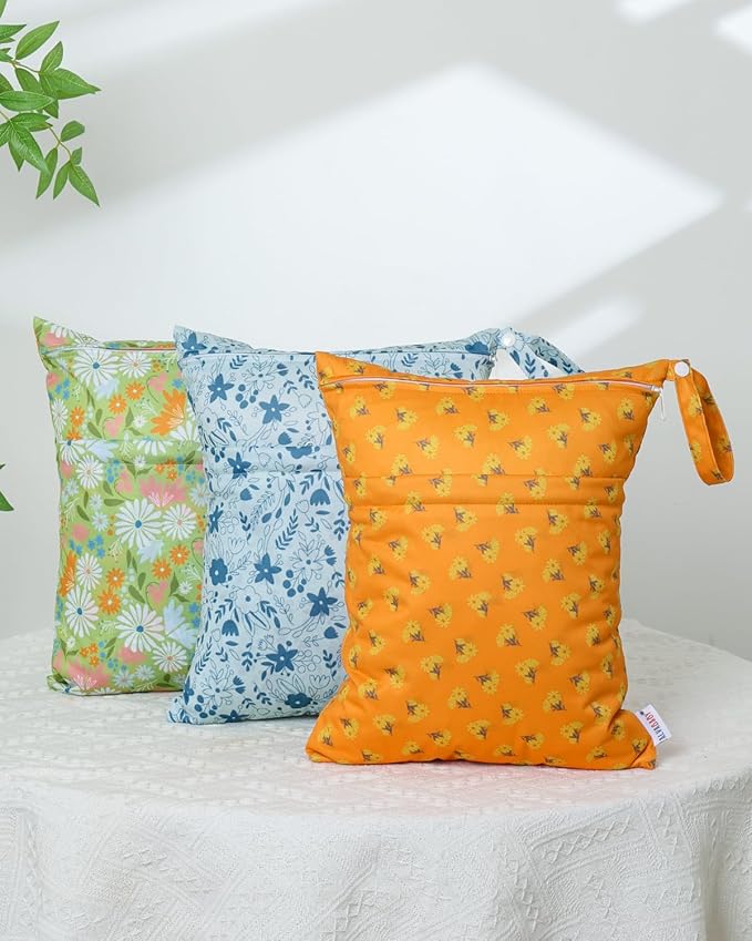 ALVABABY 3pcs Cloth Diaper Wet Dry Bags Waterproof Reusable with Two Zippered Pockets Travel Beach Pool Daycare Soiled Baby Items Yoga Gym Bag for Swimsuits or Wet Clothes 3L-ZM30