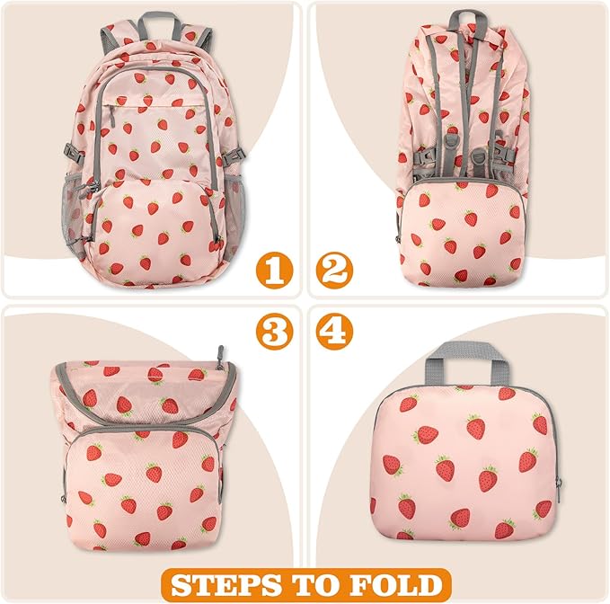 ZOMAKE Lightweight Packable Backpack 30L, Foldable Hiking Backpacks Water Resistant Compact Folding Daypack for Travel(Strawberry print)