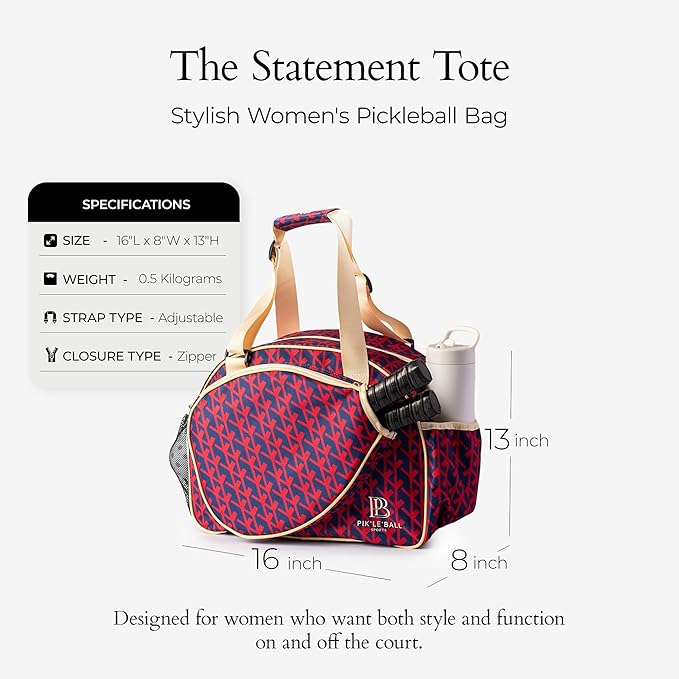 Pik’le’Ball Sport Premium Women's Pickleball Bag – Stylish and Versatile Sports Bag with Water Bottle Holder, Padded Paddle Pocket, and Spacious Design (fits 2+ Paddles!)