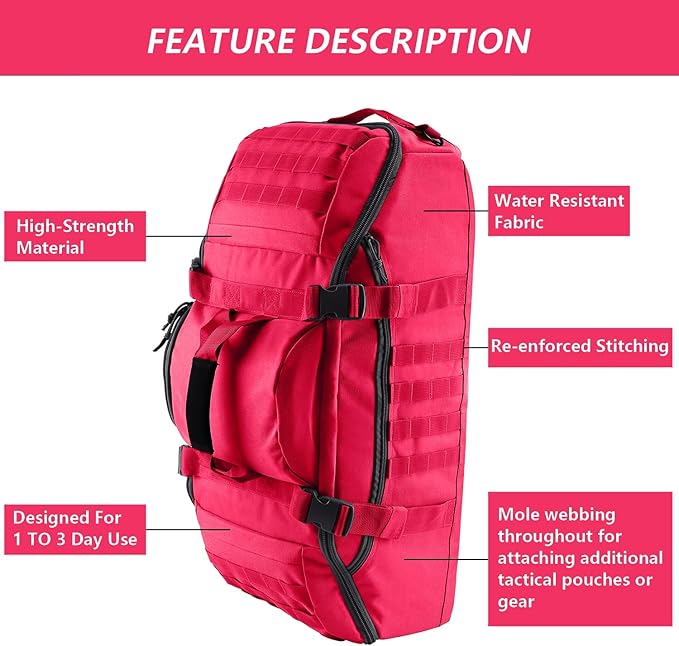 55L Large Duffle Bag, 3-in-1 Tactical Backpack MOLLE Pack for Sports, Gym, Outdoor, Red