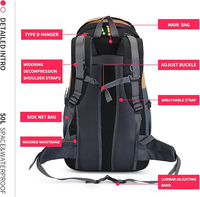 Bseash 50L Hiking Backpack, Water Resistant Lightweight Outdoor Sport Daypack Travel Bag for Camping Climbing Skiing Cycling (Gold - With Shoe Compartment)
