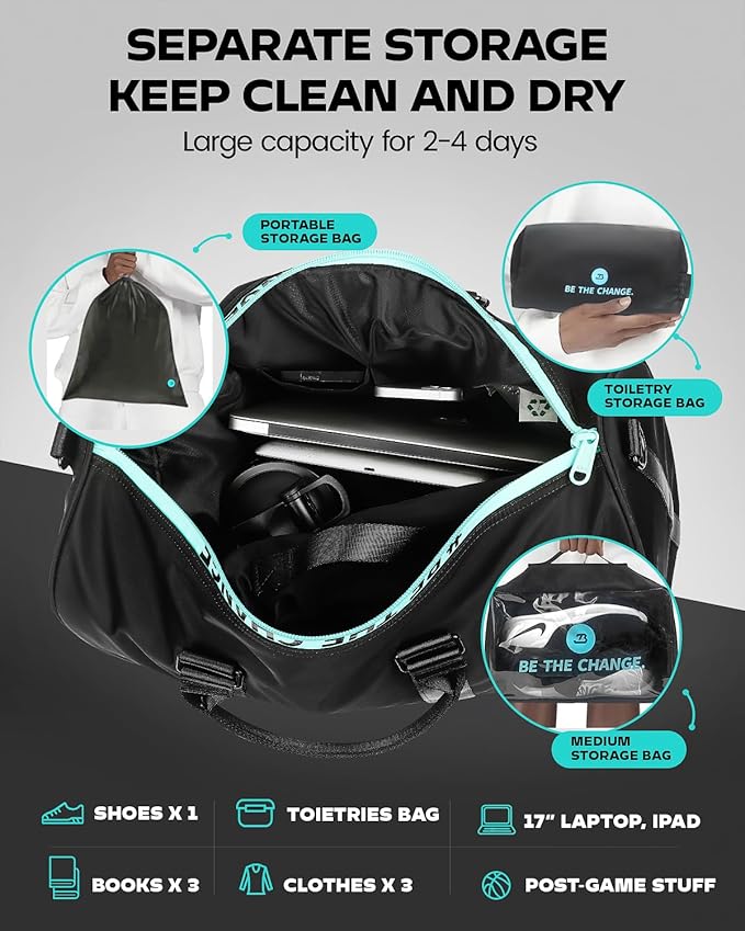 4Pcs/Set Gym Bag Swim Heavy Duty Sports Duffel Bag for Women and Men Waterproof Travel Workout Weekender Bag with 3 Accessory Bags of Wet & Dry Separation Upgrades 2.0 Black&Blue