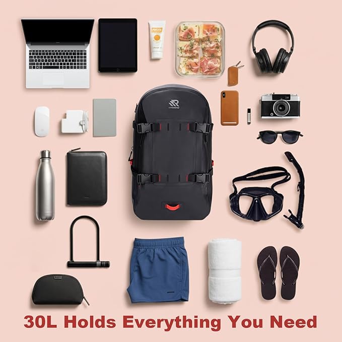 Airtight Waterproof Backpack 30L, Floating Dry Bag with Resin Zipper, IPX7 Gear Protection Large Capacity for Men, Kayaking, Paddle Boarding, Fishing, Travel, Surfing, Work, Outdoor Black