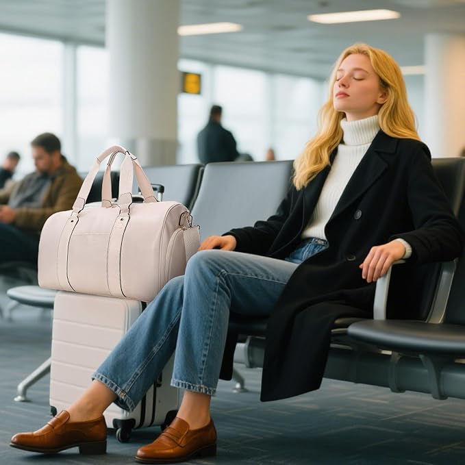 3-in-1 Leather Duffle Bag with Toiletry and Shoe Compartment, Weekender Overnight Gym Bag for Men and Women, Carry On Fits Most 15.6 Inch Laptops(Beige)