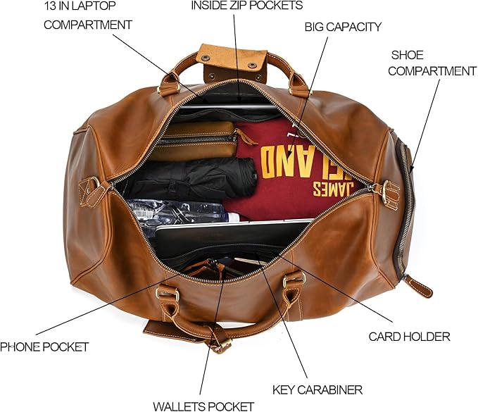 Leather Duffel Bags for Men and Women, 20 Inch Full Grain Leather Travel Overnight Weekend Duffel, 9804 Light Brown