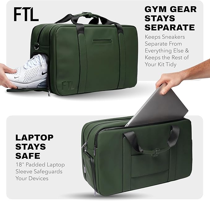 The FTL Pro Mens Travel Bag - 30L Premium Work to Gym Weekender Duffel with Garment Bag, Shoe Space & 18" Laptop Sleeve - Business Carry On Hybrid, Fits Under Airplane Seat - Abbot Green