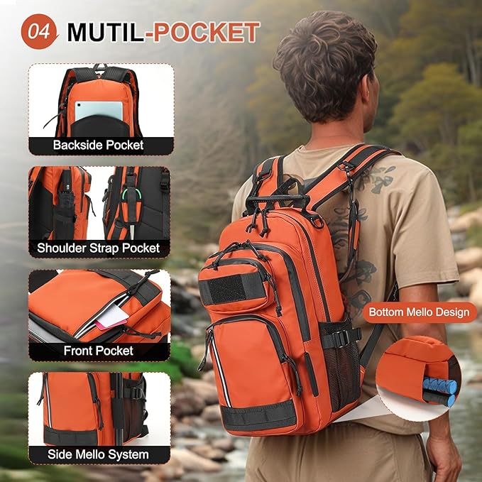 35L Fishing Backpack with Rod Holder, Waterproof Tackle Sling Crossbody Bag with Multi Pocket for Fishing Camping Hunting Hiking, Orange