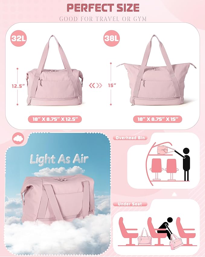 Travel Duffle Bag with Shoe Compartment and Laptop Sleeve for Women, Lightweight Weekender Duffel Bag for Travel, Gym, Hospital Labor Delivery, Pink