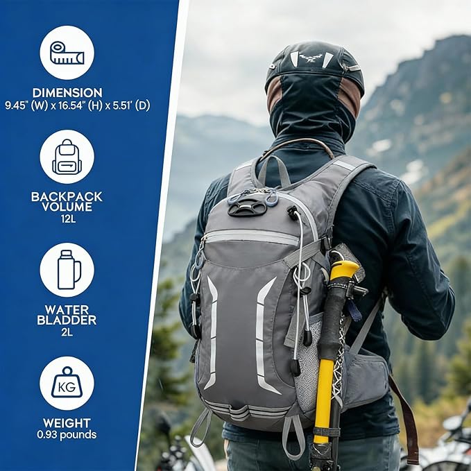 12L Hydration Backpack for Men Women,Lightweight Hydration Pack with 2L Water Bladder, Water Backpack for Cycling,Hiking,Rave,Biking and Running Outdoor Activities