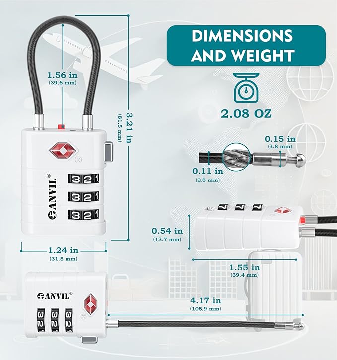 ANVIL TSA Approved Luggage Locks – High Security TSA008 Combination Travel Locks with Inspection Indicator for Suitcases and Backpacks. (4, White)