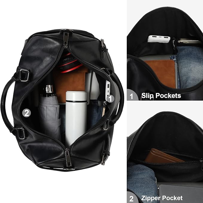 Vegan Leather Duffle Bag, LXY Travel Duffle Weekender Bag with Shoe Compartment, Duffel Overnight Gym Bags for Women Men Black