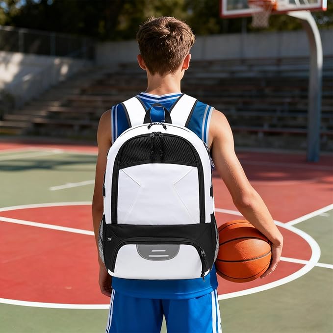 Basketball Backpack - Large Sports Equipment Bag with Ball Holder & Shoe Compartment for Basketball. (white)