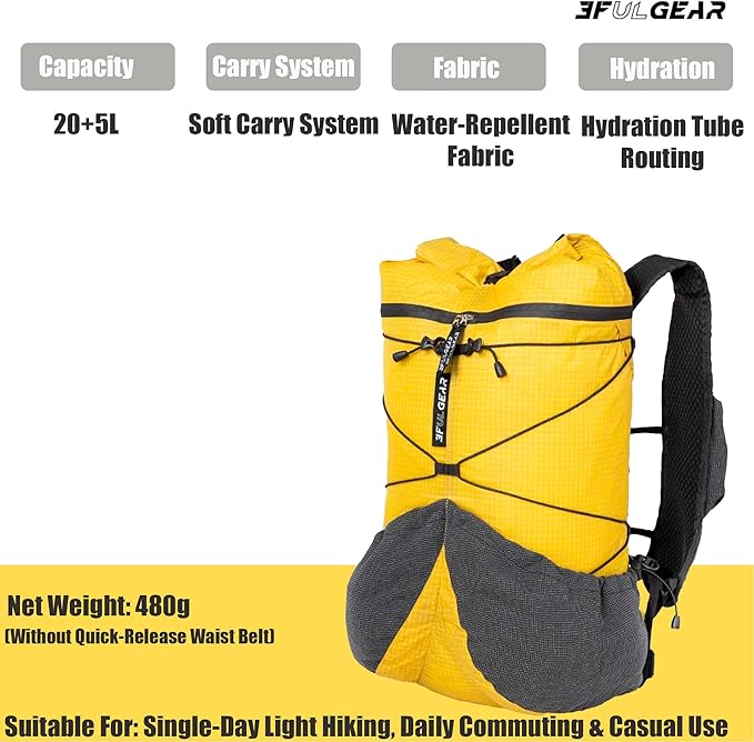 3F UL Gear Koala UHMWPE 20L+5L Backpacks,Hiking Backpack, Mountain Climbing Backpacking, Ultra-Light Daypacks (Bright Yellow)