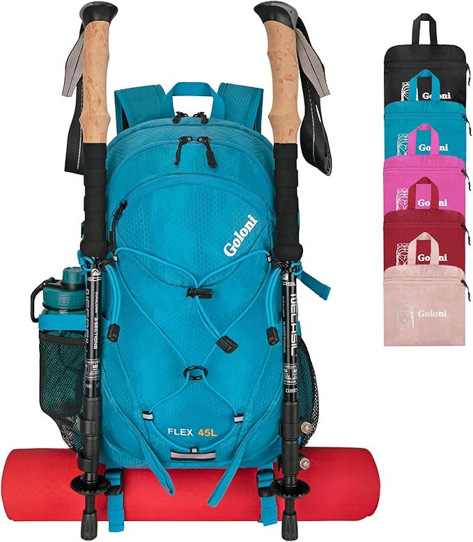 45L Hiking Backpack with Rain Cover, Lightweight Foldable Camping Backpack for Trekking, Water-Resistant Daypack with Hiking Pole & Mat Carrying System,Blue