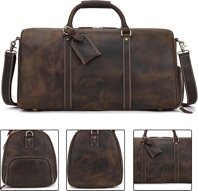 Leather Duffel Bags for Men and Women, 20 Inch Full Grain Leather Travel Overnight Weekend Bags, Dark Brown