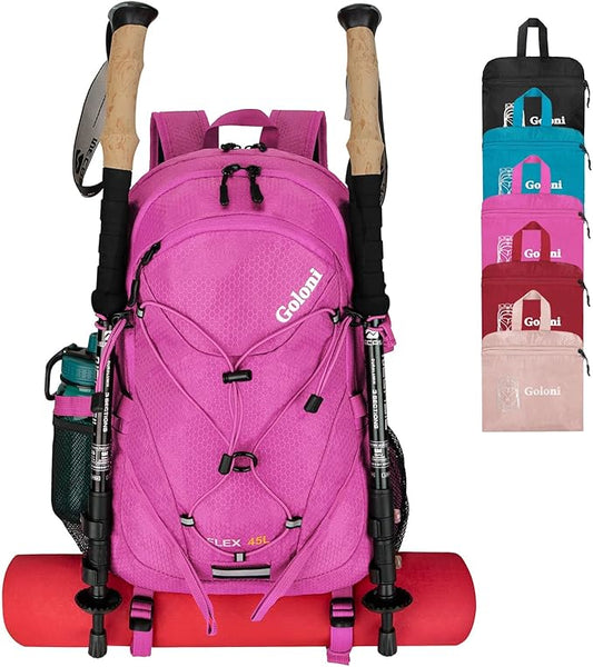 45L Hiking Backpack with Rain Cover, Lightweight Foldable Camping Backpack for Trekking, Water-Resistant Daypack with Hiking Pole & Mat Carrying System,Rose