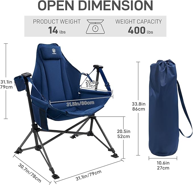 EVER ADVANCED Padded Hammock Camping Chair, Oversized Heavy Duty Swing Chair with Detachable Cup Holder, Portable Folding Rocking Camping Chair, Support Up to 400lbs