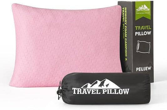 Small Shredded Memory Foam Pillow, Camping Pillow Travel Pillow - Compressible Medium Firm, Breathable Cover, Ideal Backpacking Hiking, Airplane and Car (Apricot Pink, L)