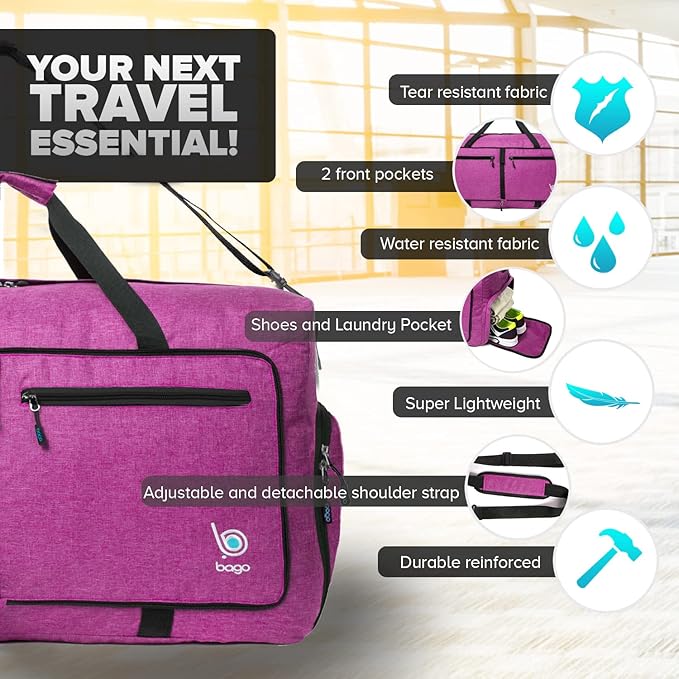 Bago Big XXL Foldable Duffel Bags for Traveling Women & Men - 140L Packable Duffle Bag for Travel with Shoe Compartment - Water Repellant, Heavy Duty, Lightweight Folding & Collapsible (SnowPink)