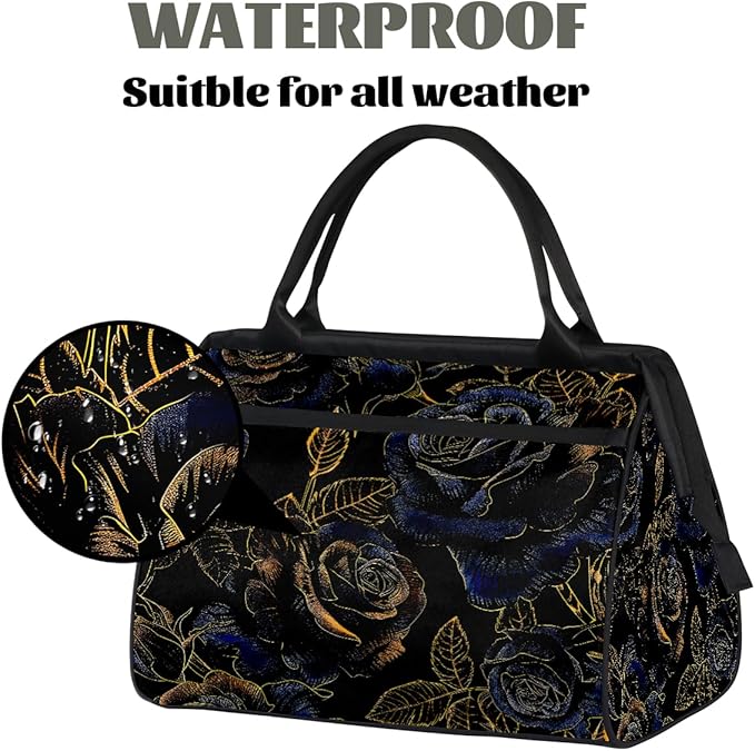 Flower Gold Blue Rose Travel Duffle Bag, Overnight Weekender Tote Bag for Women Men Waterproof Carry On Luggage with Zipper Lightweight Sport Gym Bag for Traveling Yoga Camping Traveling Gifts