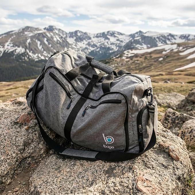 Bago Foldable Duffel Bags for Traveling Women & Men - 60L Medium Packable Duffle Bag for Travel with Shoe Compartment - Water Repellant, Heavy Duty, Lightweight Folding & Collapsible (SnowBlack)