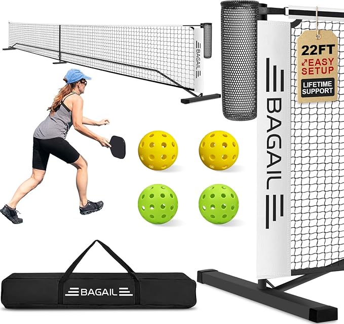 BAGAIL Portable Pickleball Net Set, 22 FT Regulation Size Pickle Ball Net with Ball Collector, 4 Balls and Carry Bag, Easy Setup for Outdoor Indoor Driveway