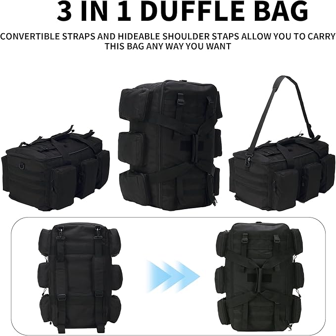 3 In 1 Military Duffel Bag 50L Gym Bag for Men Convertible Weekender Backpack for Sports Travel Basketball