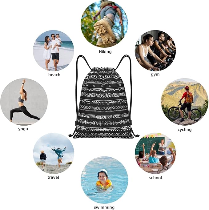 Black Boho Pattern Drawstring Backpack Bag - Sports Gym Sack For Women Men