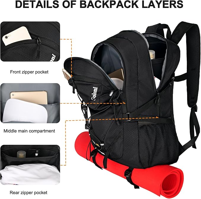 45L Hiking Backpack with Rain Cover, Lightweight Foldable Camping Backpack for Trekking, Water-Resistant Daypack with Hiking Pole & Mat Carrying System,Black