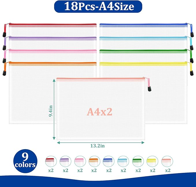 18pcs Mesh Zipper Pouch Bags, A4 Letter Size, 9 Colors Zipper Pouches for Organizing, File Storage Bags, Travel, School Office Organize