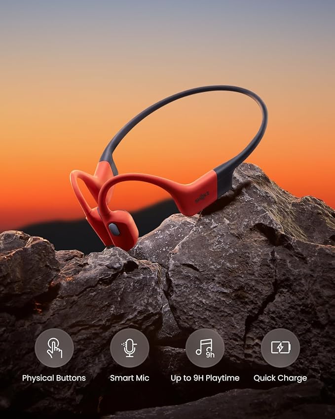 SHOKZ OpenSwim Pro - Open-Ear Bluetooth & MP3 Bone Conduction Sport Headphones, Swimming Headphones, IP68 Waterproof, Red