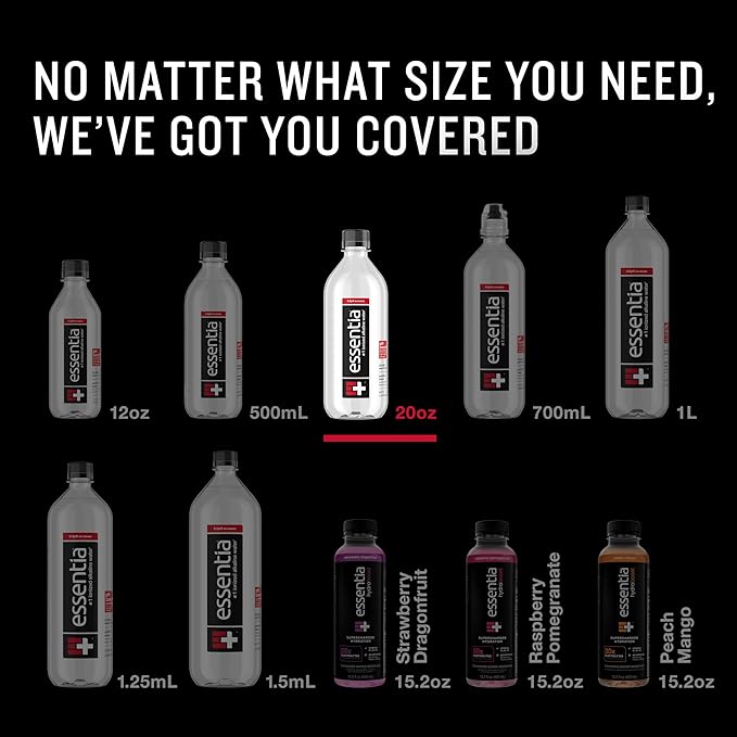 Essentia Water LLC, Ionized Alkaline Bottled Water; 99.9% Pure, Infused with Electrolytes, 9.5 pH or Higher a Clean, Smooth Taste, 20 Fl Oz (Pack of 24)