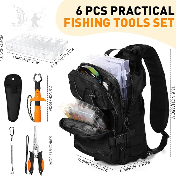 Eccliy 6 Pcs Fishing Tackle Bag Backpack with Rod Holders, Tackle Box, Fishing Pliers Kit and Fish Lip Gripper, Fish Gear and Equipment Fisherman Gift for Men Women