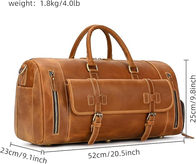 Leather Duffel Bag 20 Inch Full Grain Leather Travel Overnight Weekend Bag for Men and Women, 9802 Light Brown