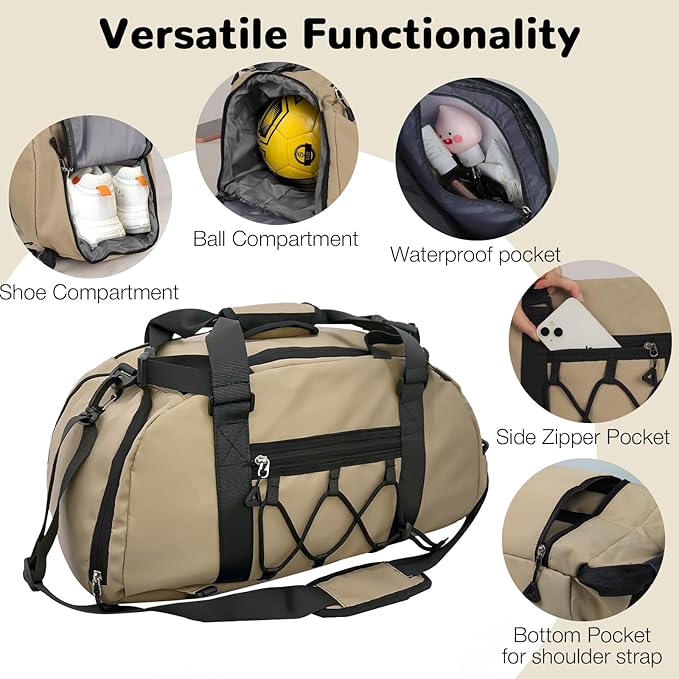 30L Gym Duffel Bag with Shoe Compartment for Men Women, Weekender Bags with Wet Pocket, Khaki