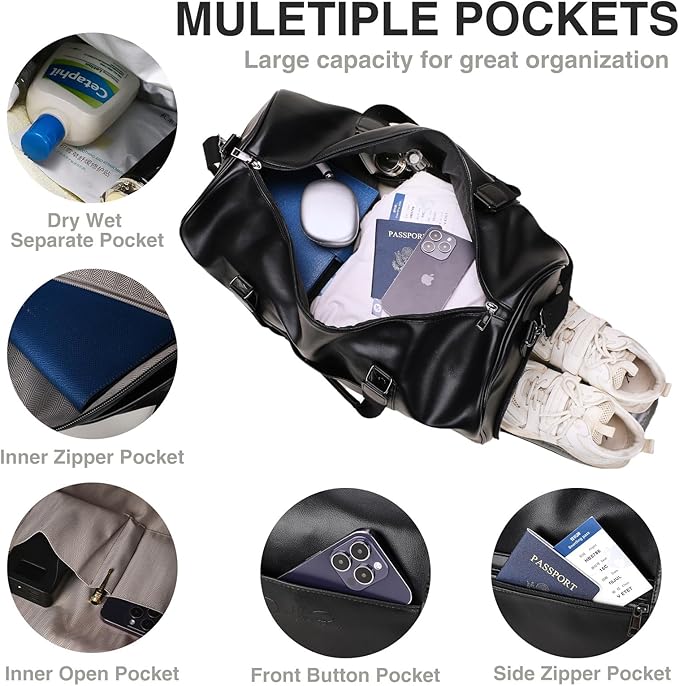 3-in-1 Leather Duffle Bag with Toiletry and Shoe Compartment, Weekender Overnight Gym Bag for Men and Women, Carry On Fits Most 15.6 Inch Laptops(Black)