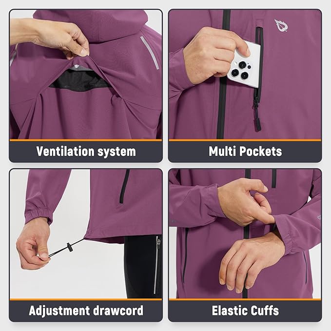 baleaf Men's Rain Jacket Waterproof Windbreaker Raincoat Running Cycling Hiking Gear Hood Lightweight Reflective Packable