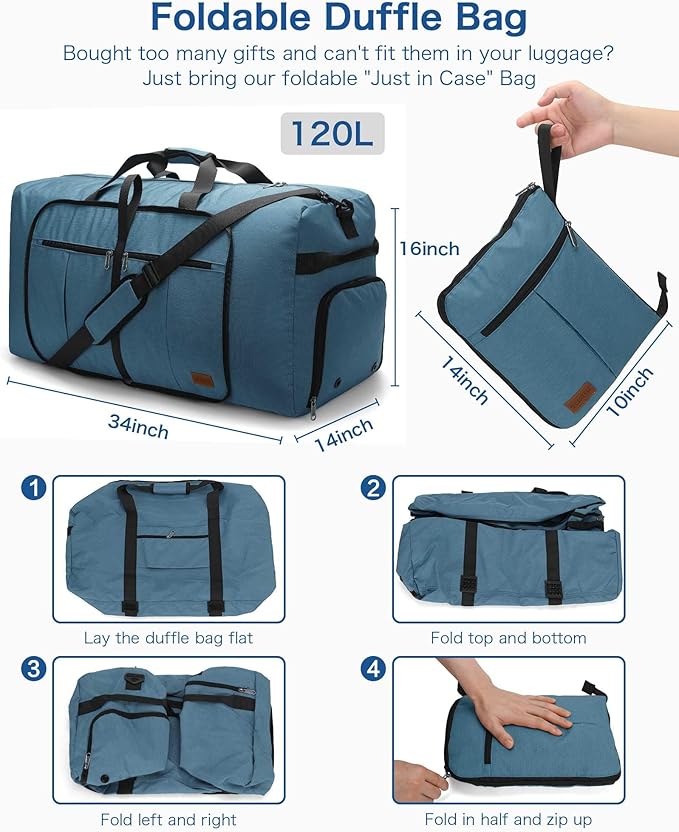 120L Foldable Waterproof Travel Duffel Bag for Men and Women with Shoe Compartment (Light Blue, EXTRA LARGE, 120L)