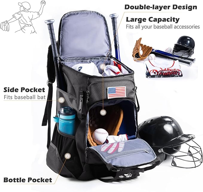 | Baseball Bag Softball Bat Bag, Double-layer Baseball Backpack Adult with Gear Klip To Hold Baseball Glove, Baseball Essential Gear, Youth Baseball Bag for Boys, Girls, Baseball Accessories
