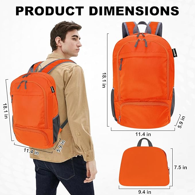 HOLYLUCK 20L lightweight packable Hiking Daypack Foldable Backpack for Men Women Small Travel Outdoor Foldable Shoulder Bag-orange