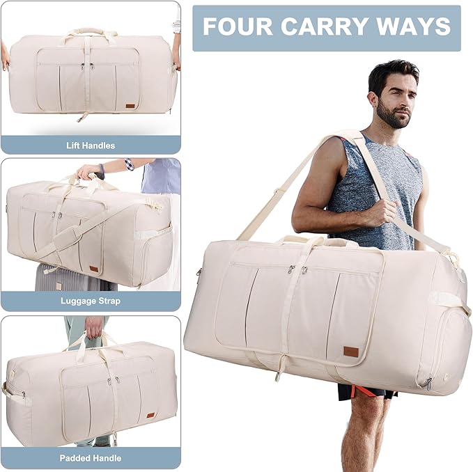 100L Travel Duffle Bag for Men and Women, Urtala 32” Large Duffle Bag for Traveling with Shoe Compartment, Foldable Duffel Bag Water & Tear Resistant (Beige)