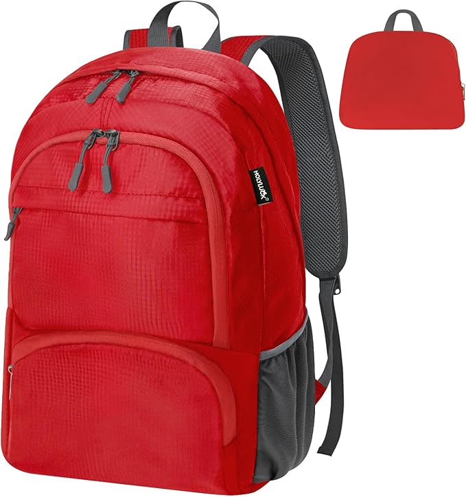 HOLYLUCK 20L lightweight packable Hiking Daypack Foldable Backpack for Men Women Small Travel Outdoor Foldable Shoulder Bag-red