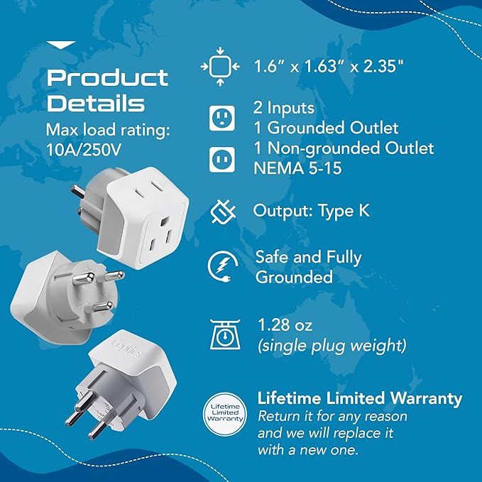 Ceptics Denmark Travel Adapter Plug with Dual Usa Input - Power - Type K (3 Pack) - Ultra Compact - Safe Grounded Perfect for Cell Phones, Laptops, Camera Chargers and More (CT-20)