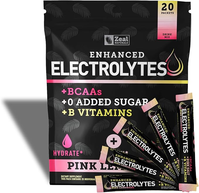 Zeal Naturals Enhanced Electrolyte Powder Stick Packs (Pink Lemonade - 20 Packets) Sugar Free + BCAA B-Vitamins & Pink Himalayan Salt - Keto Electrolytes, Hydration Powder