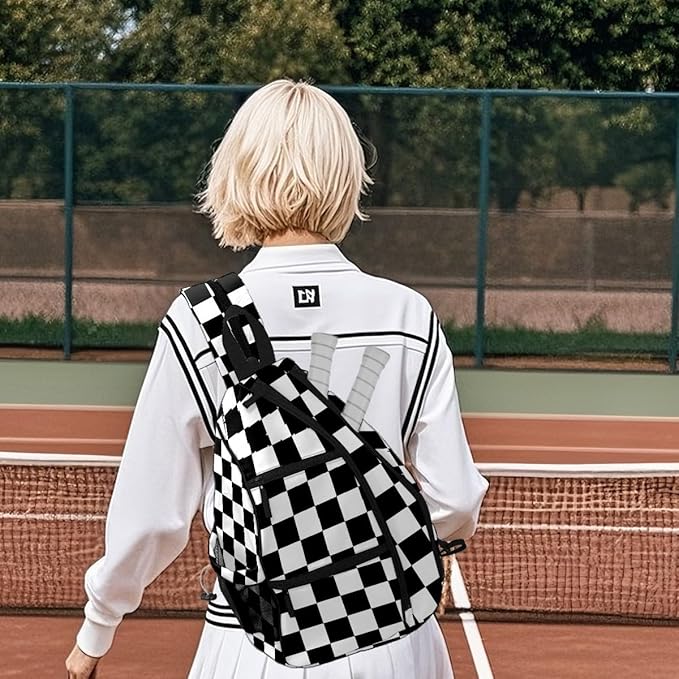 Pickleball Bag Black White Checkered Pickle Ball Backpack for Women Men Premium Lightweight Crossbody Sling Bag Sports Backpack for Pickleball Paddle Tennis
