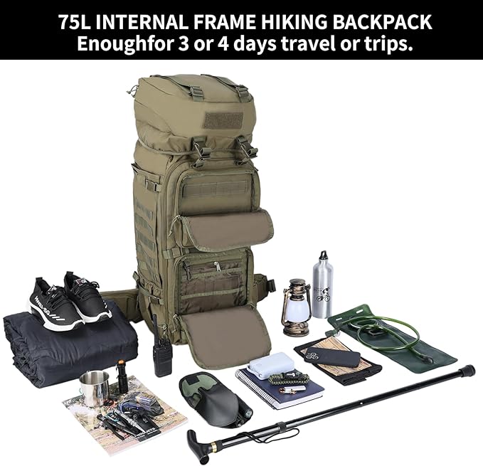 Zsearaymy 75L Hiking MOLLE Backpack with Internal Frame & Rain Cover for Tactical, Camping, Backpacking, Survival Travel (OD.Green)