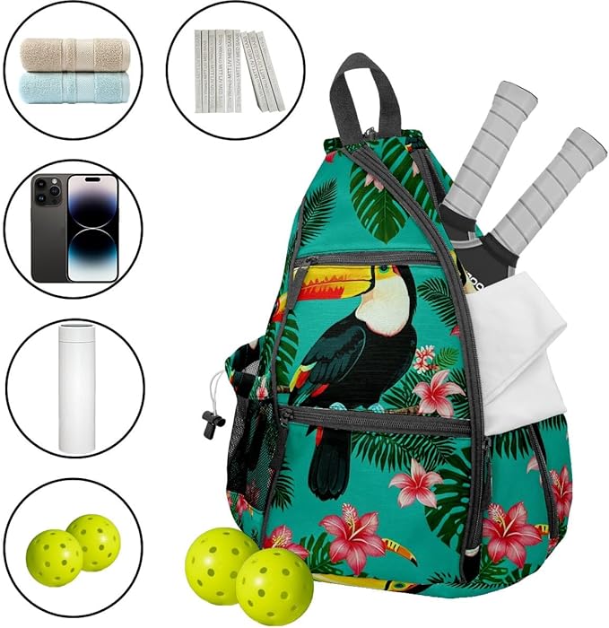 Pickleball Bag Toucan Emerald Green Pickle Ball Backpack for Women Men Premium Lightweight Crossbody Sling Bag Sports Backpack for Pickleball Paddle Tennis