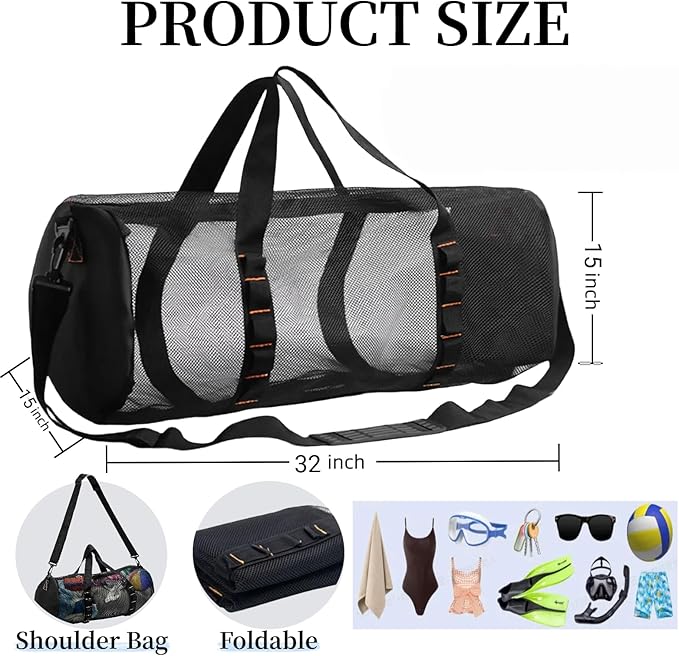 Diving Scuba Surfing Snorkeling Dive Mesh Beach Bag Duffle Bags with Zipper and Adjustable Shoulder Strap 43L and 113L Options for Travel Fitness Camping Swim Gym Gears Balls